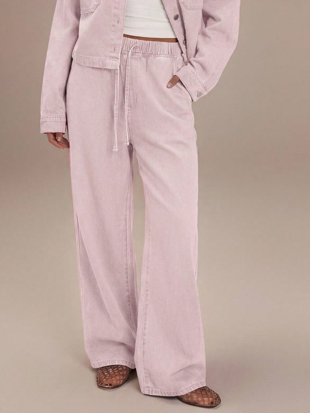 Baby Pink Casual Women's Denim Drawstring Waist Slant Pocket Jeans